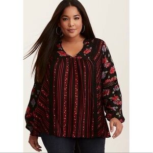 Torrid Plus Size Black Floral & Stripe Boho Babydoll Blouse Long Sleeve V-Neck